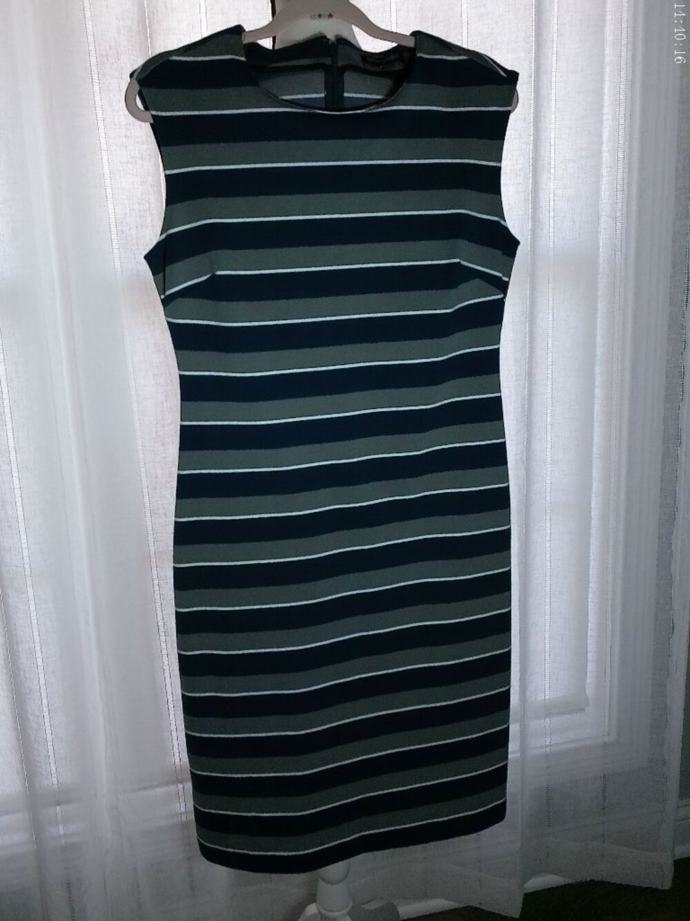 BANANA REPUBLIC Midi Dress Fitted Back Zipper Navy/Olive/White Stripe 10